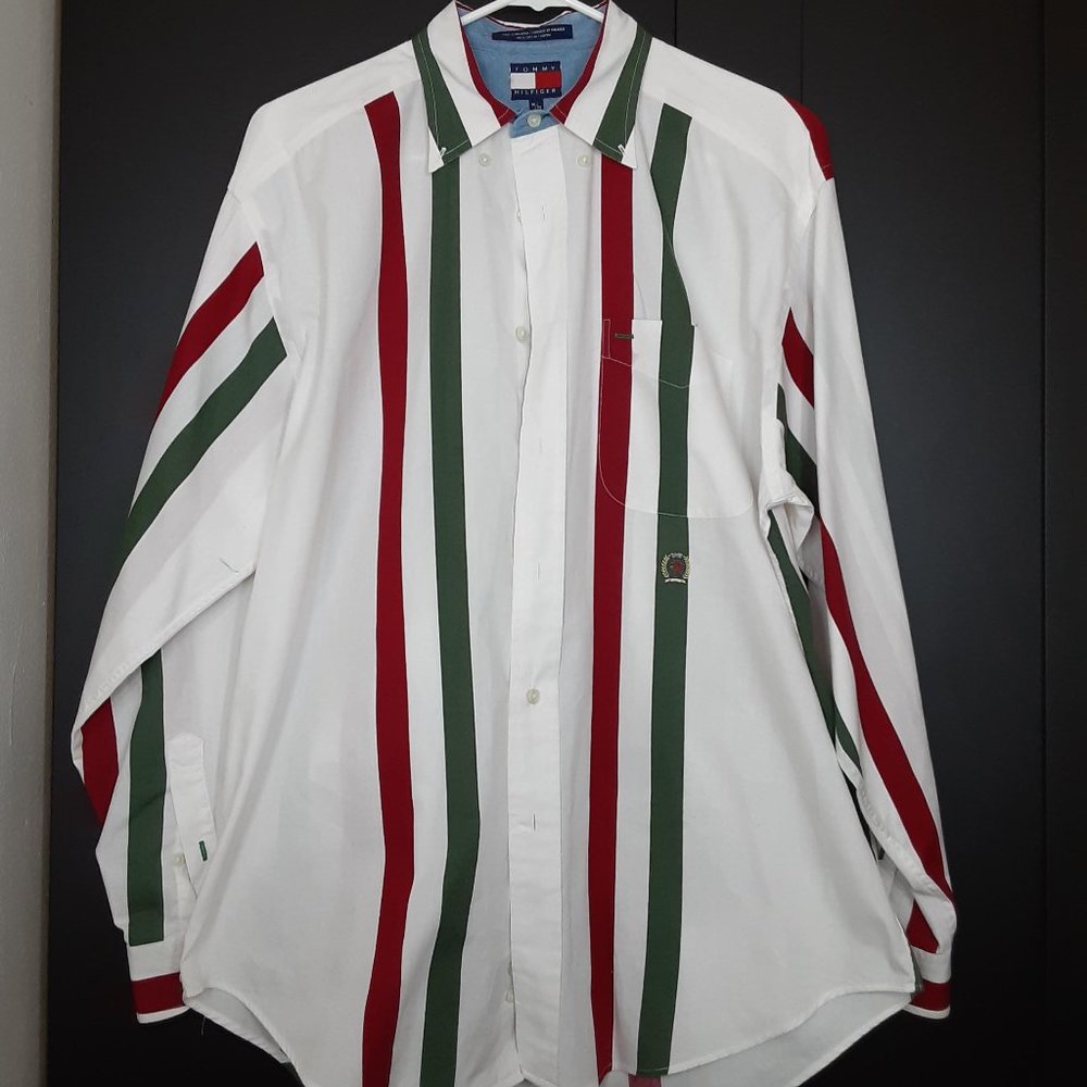 Medium Men's Tommy Hilfiger Shirt in White with red and green stripes